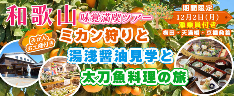 〈梅田・天満橋・京橋発着〉12月2日(月) お一人様11,300円！ 和歌山味覚満喫ツアー：お土産付き！！ミカン狩りと湯浅醤油見学と太刀魚料理の旅　〈添乗員付き〉日帰りバスツアー