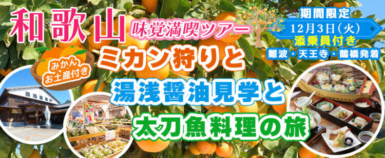 〈難波・天王寺・鶴橋発着〉12月3日(火) お一人様11,300円！ 和歌山味覚満喫ツアー：お土産付き！！ミカン狩りと湯浅醤油見学と太刀魚料理の旅　〈添乗員付き〉日帰りバスツアー